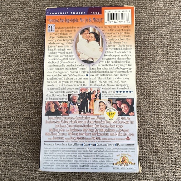 Four Weddings and a Funeral VHS Romantic Comedy 1993 MGM Grant MacDowell - Picture 2 of 4